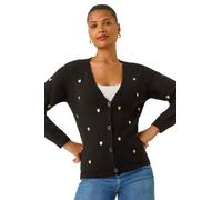 Roman Originals Embroidered Heart Knit Cardigan for Women UK - Ladies Everyday Holiday Spring Summer V-Neckline Comfy Soft Evening Vacation Work Party - Black - Size 20