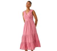 Roman Originals Embroidered V-Neck Midi Dress for Women UK - Ladies Everyday Holiday Spring Summer V-Neckline Comfy Soft Evening Vacation Work Party - Pink - Size 18