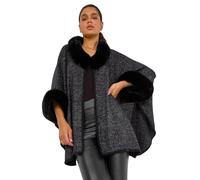 Roman Originals Faux Fur Button Up Poncho for Women UK - Ladies Everyday Autumn Winter Round Neckline Comfy Soft Evening Vacation Work Party Night Out - Black - Size ONE