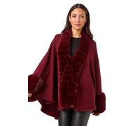Roman Originals Faux Fur Trim Knitted Poncho for Women UK - Ladies Everyday Autumn Winter Comfy Soft Evening Vacation Work Party Night Out - Wine - Size ONE