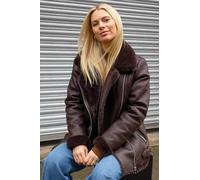 Roman Originals Faux Leather Jacket for Women UK - Ladies Bomber Aviator Coat Moto Biker Pilot PU Flying Teddy Borg Sherpa Fur Trim Furry Fleece Collar Lined Casual Warm - Chocolate - Size 20