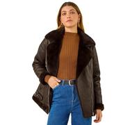 Roman Originals Faux Leather Jacket for Women UK - Ladies Bomber Aviator Coat Moto Biker Pilot PU Flying Teddy Borg Sherpa Fur Trim Furry Fleece Collar Lined Casual Warm - Chocolate - Size 16
