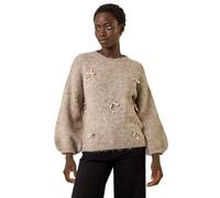 Roman Originals Faux Pearl Bow Embellished Knit Jumper for Women UK - Ladies Everyday Autumn Winter Round Neckline Comfy Soft Evening Vacation Work Party Night Out - Mocha - Size ML