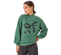 Roman Originals Festive Sequin Bow Knit Jumper for Women UK - Ladies Everyday Autumn Winter Funnel Neckline Comfy Soft Evening Vacation Work Party Night Out - Green - Size 12