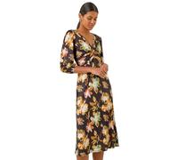 Roman Originals Fit and Flare Dress for Women Ladies Chest Knot Ruched Tea Skater Empire Waist V-Neck Formal Occasion Wedding Guest Smart Casual Swing Midi Knee Length - Amber - Size 10