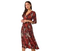 Roman Originals Fit and Flare Dress for Women Ladies Chest Knot Ruched Tea Skater Empire Waist V-Neck Formal Occasion Wedding Guest Smart Casual Swing Midi Knee Length - Orange Noir - Size 10