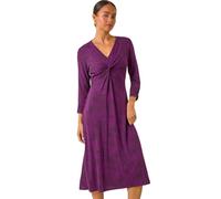 Roman Originals Fit and Flare Dress for Women Ladies Chest Knot Ruched Tea Skater Empire Waist V-Neck Formal Occasion Wedding Guest Smart Casual Swing Midi Knee Length - Petite Purple - Size 14