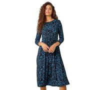 Roman Originals Fit and Flare Dress for Women Ladies Chest Knot Ruched Tea Skater Empire Waist V-Neck Formal Occasion Wedding Guest Smart Casual Swing Midi Knee Length - Blue Black - Size 14