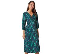 Roman Originals Fit and Flare Dress for Women Ladies Chest Knot Ruched Tea Skater Empire Waist V-Neck Formal Occasion Wedding Guest Smart Casual Swing Midi Knee Length - Green Black - Size 12