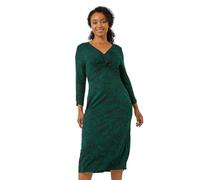 Roman Originals Fit and Flare Dress for Women Ladies Chest Twist Knot Ruched Tea Skater Empire Waist Wedding Guest Smart Casual Swing Midi 3/4 Long Sleeve Knee Length - Petite Forest - Size 14