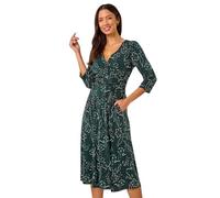 Roman Originals Fit and Flare Dress for Women Ladies Chest Twist Knot Ruched Tea Skater Empire Waist Wedding Guest Smart Casual Swing Midi 3/4 Long Sleeve Knee Length - Teal Ivory - Size 12