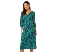 Roman Originals Fit and Flare Dress for Women Ladies Chest Twist Knot Ruched Tea Skater Empire Waist Wedding Guest Smart Casual Swing Midi 3/4 Long Sleeve Knee Length - Abstract Green - Size 20