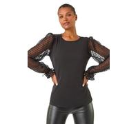 Roman Originals Flock Spot Sleeve Stretch Tunic Top for Women UK - Ladies Everyday Autumn Winter Round Neckline Comfy Soft Evening Vacation Work Party Night Out - Black - Size 12
