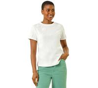 Roman Originals Floral Applique T-Shirt for Women UK - Ladies Everyday Holiday Spring Summer Round Neckline Comfy Soft Evening Vacation Work Party - White - Size 18