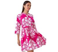Roman Originals Floral Button Smock Dress for Women UK - Ladies Everyday Holiday Spring Summer Notch Neckline Comfy Soft Evening Vacation Work Party - Fuchsia - Size 14