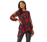 Roman Originals Floral Chiffon Layered Tunic Top for Women UK - Ladies Everyday Autumn Winter Round Neckline Comfy Soft Evening Vacation Work Party Night Out - Red - Size 10