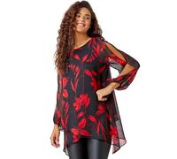 Roman Originals Floral Chiffon Layered Tunic Top for Women UK - Ladies Everyday Autumn Winter Round Neckline Comfy Soft Evening Vacation Work Party Night Out - Red - Size 14