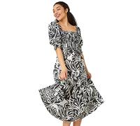 Roman Originals Floral Contrast Print Midi Dress for Women UK - Ladies Everyday Holiday Spring Summer Square Neckline 3/4 Sleeve Comfy Soft Evening Vacation Work Party - Black - Size 10