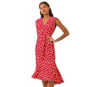 Roman Originals Floral Frill Buttoned Dress for Women UK - Ladies Everyday Holiday Spring Summer V-Neckline Comfy Soft Evening Vacation Work Party - Red - Size 16