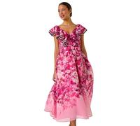 Roman Originals Floral Frill Organza Midi Dress for Women UK - Ladies Everyday Holiday Spring Summer Notch Neckline Comfy Soft Evening Vacation Work Party - Pink - Size 12