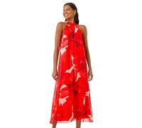 Roman Originals Floral Halterneck Midi Dress for Women UK - Ladies Everyday Holiday Spring Summer Comfy Soft Evening Vacation Work Party - Red - Size 14