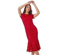 Roman Originals Floral Lace Overlay Dress for Women UK - Ladies Luxury Ball Gown Shift Midi Lined Knee Length Stretch Formal Wedding Guest Party Evening - Crimson Red - Size 14