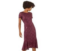 Roman Originals Floral Lace Overlay Dress for Women UK - Ladies Luxury Ball Gown Shift Midi Lined Knee Length Stretch Formal Wedding Guest Party Evening - Burgundy - Size 14