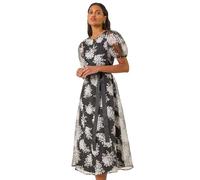 Roman Originals Floral Organza Belted Dress for Women UK - Ladies Everyday Holiday Spring Summer Round Neckline Comfy Soft Evening Vacation Work Party - Black - Size 18