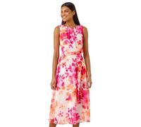 Roman Originals Floral Pleated Neck Midi Dress for Women UK - Ladies Everyday Holiday Spring Summer Round Neckline Comfy Soft Evening Vacation Work Party - Pink - Size 10