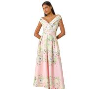Roman Originals Floral Print Bardot Midi Stretch Dress for Women UK - Ladies Everyday Holiday Spring Summer Comfy Soft Evening Vacation Work Party - Pink - Size 12