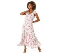 Roman Originals Floral Print Chiffon V-Neck Midi Dress for Women UK - Ladies Everyday Holiday Spring Summer V-Neckline Comfy Soft Evening Vacation Work Party - Pink - Size 18