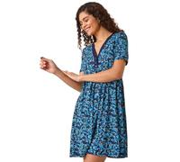 Roman Originals Floral Print Contrast Band Dress for Women UK - Ladies Everyday Holiday Spring Summer V-Neckline Comfy Soft Evening Vacation Work Party - Navy - Size 18