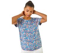 Roman Originals Floral Print Elasticated Hem Top for Women UK - Ladies Everyday Holiday Spring Summer Round Neckline Comfy Soft Evening Vacation Work Party - Blue - Size 10