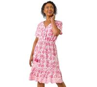 Roman Originals Floral Print Frill Hem Shirt Dress for Women UK - Ladies Everyday Holiday Spring Summer Notch Neckline Comfy Soft Evening Vacation Work Party - Petite Pink - Size 16