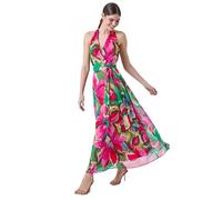 Roman Originals Floral Print Halterneck Maxi Dress for Women UK - Ladies Everyday Holiday Spring Summer V-Neckline Comfy Soft Evening Vacation Work Party - Cerise - Size 14