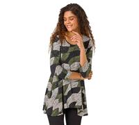 Roman Originals Floral Print Hanky Hem Stretch Top for Women UK - Ladies Everyday Holiday Spring Summer Round Neckline Comfy Soft Evening Vacation Work Party - Forest Green - Size 10