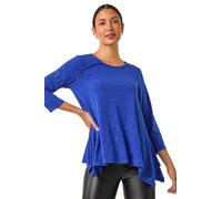 Roman Originals Floral Print Hanky Hem Stretch Top for Women UK - Ladies Everyday Holiday Spring Summer Round Neckline Comfy Soft Evening Vacation Work Party - Royal Blue Glitter - Size 20