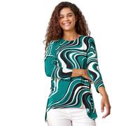 Roman Originals Floral Print Hanky Hem Stretch Top for Women UK - Ladies Everyday Holiday Spring Summer Round Neckline Comfy Soft Evening Vacation Work Party - Green Black White - Size 10