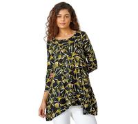 Roman Originals Floral Print Hanky Hem Stretch Top for Women UK - Ladies Everyday Holiday Spring Summer Round Neckline Comfy Soft Evening Vacation Work Party - Yellow Black - Size 10
