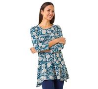 Roman Originals Floral Print Hanky Hem Stretch Top for Women UK - Ladies Everyday Holiday Spring Summer Round Neckline Comfy Soft Evening Vacation Work Party - Turquoise - Size 10