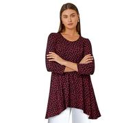 Roman Originals Floral Print Hanky Hem Stretch Top for Women UK - Ladies Everyday Holiday Spring Summer Round Neckline Comfy Soft Evening Vacation Work Party - Red & Black - Size 12