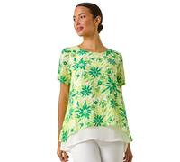 Roman Originals Floral Print Layered Tunic Top for Women UK - Ladies Everyday Holiday Spring Summer Round Neckline Comfy Soft Evening Vacation Work Party - Green Floral - Size 12