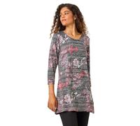 Roman Originals Floral Print Mesh Hanky Hem Top for Women UK - Ladies Everyday Autumn Winter Round Neckline Comfy Soft Evening Vacation Work Party Night Out - Red Grey - Size 14
