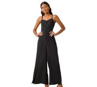 Roman Originals Floral Print Pleat Detail Bardot Jumpsuit for Women UK - Ladies Everyday Autumn Winter Comfy Soft Evening Vacation Work Party Night Out - Black - Size 18