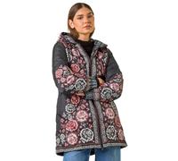 Roman Originals Floral Print Quilted Hooded Coat for Women UK - Ladies Everyday Autumn Winter Funnel Neckline Comfy Soft Evening Vacation Work Party Night Out - Black - Size 14