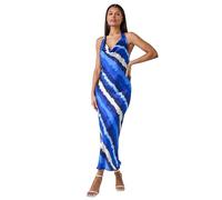 Roman Originals Floral Print Satin Bias Cut Dress for Women UK - Ladies Everyday Holiday Spring Summer Cowl Neckline Comfy Soft Evening Vacation Work Party - Royal Blue - Size 14