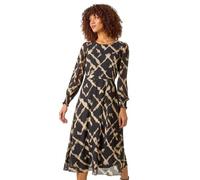 Roman Originals Floral Print Shirred Midi Dress for Women UK - Ladies Everyday Holiday Spring Summer Round Neckline Comfy Soft Evening Vacation Work Party - Black - Size 10