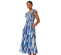 Roman Originals Floral Print Shirred Midi Dress for Women UK - Ladies Everyday Holiday Spring Summer Round Neckline Comfy Soft Evening Vacation Work Party - Blue - Size 10