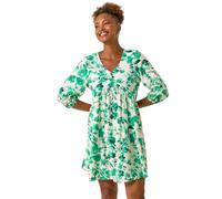 Roman Originals Floral Print Smock Dress for Women UK - Ladies Everyday Holiday Spring Summer V-Neckline Comfy Soft Evening Vacation Work Party - Green - Size 16