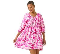 Roman Originals Floral Print Smock Dress for Women UK - Ladies Everyday Holiday Spring Summer V-Neckline Comfy Soft Evening Vacation Work Party - Pink - Size 18